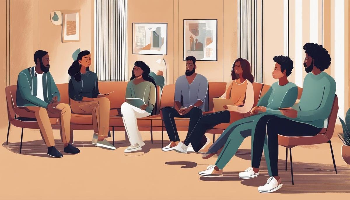 Illustration of a diverse group of individuals communicating and participating in therapy sessions