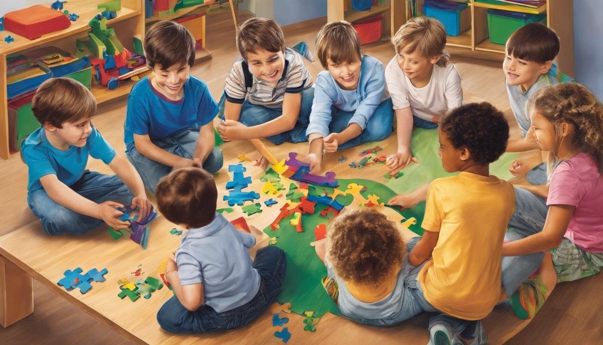 Image of children with autism engaging in various activities, representing the text about managing insistence on sameness and navigating the complexities of autism.