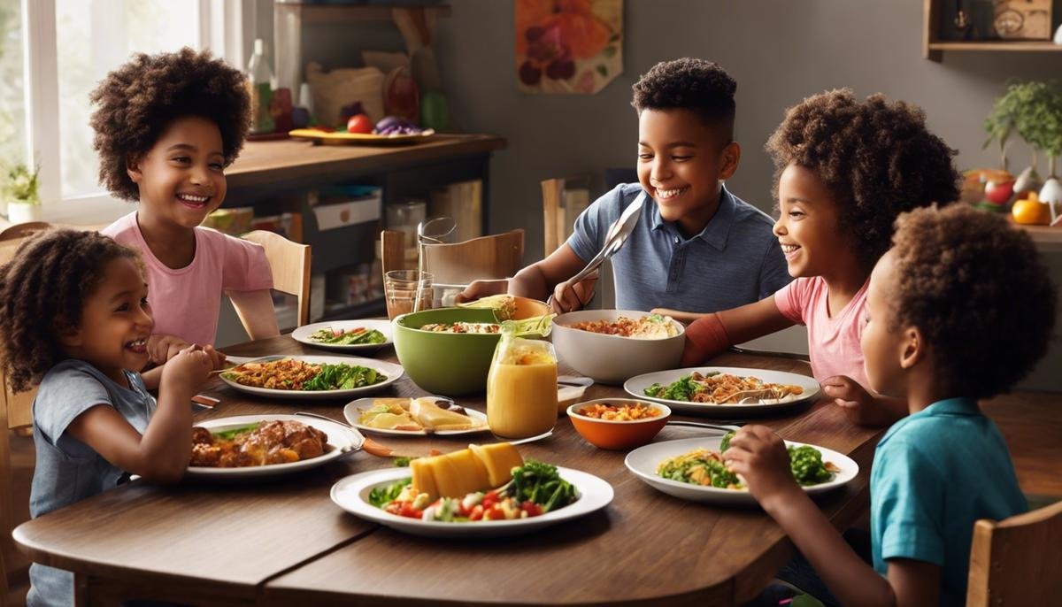 A diverse group of children sitting around a table, having a meal together, with a parent serving them food and smiling.