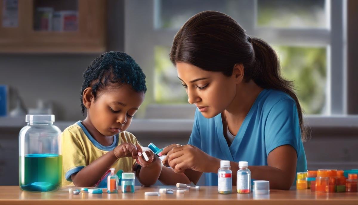 Image depicting a child taking medication with the support of their parent