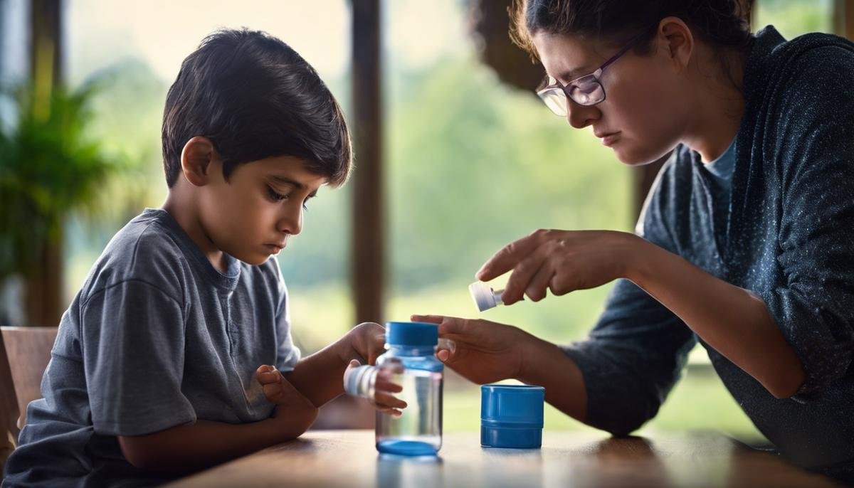 Image of a child with autism holding a medicine bottle and looking unsure while a parent provides support and guidance.