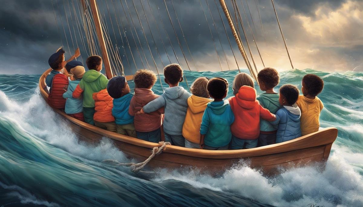 Illustration of a diverse group of children holding hands and sailing together on a boat amidst stormy waters, symbolizing the strength and support of parents dealing with autism medication side effects.