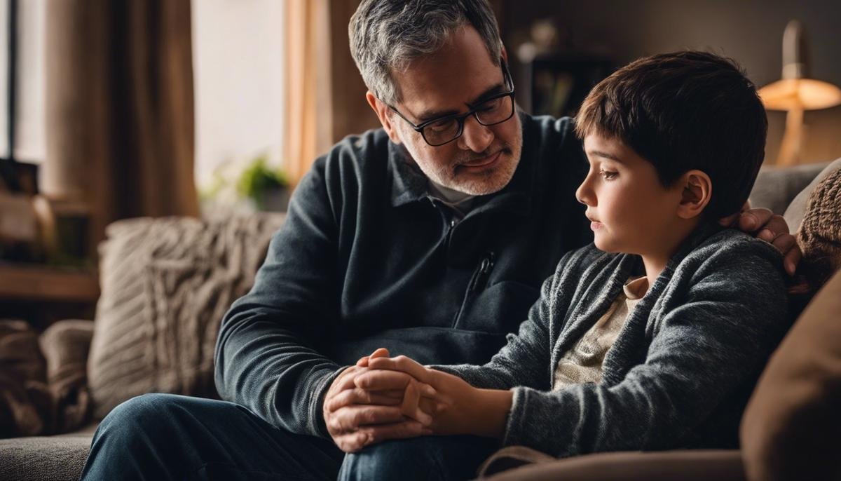 An image of a person with autism who is being comforted during a mental health crisis, with their caregiver and a mental health professional providing support.