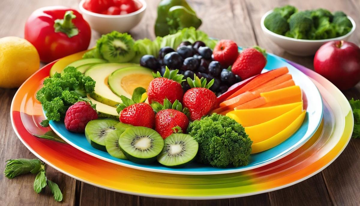 A colorful plate filled with fresh fruits and vegetables, representing a healthy diet for children with autism