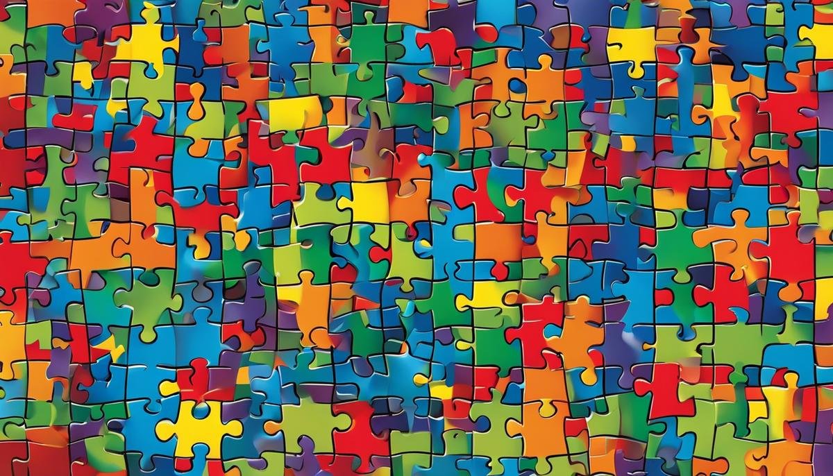 A graphic showing puzzle pieces of different colors and shapes coming together to represent the diverse presentations and experiences of individuals with autism.