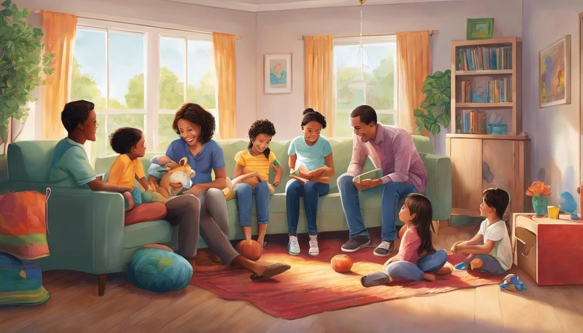 Illustration of a happy family in a safe, nurturing home environment, designed with autism-proofing strategies.