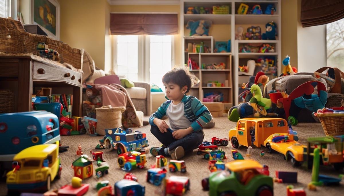 A child surrounded by toys, representing the topic of managing autism-related toy hoarding.