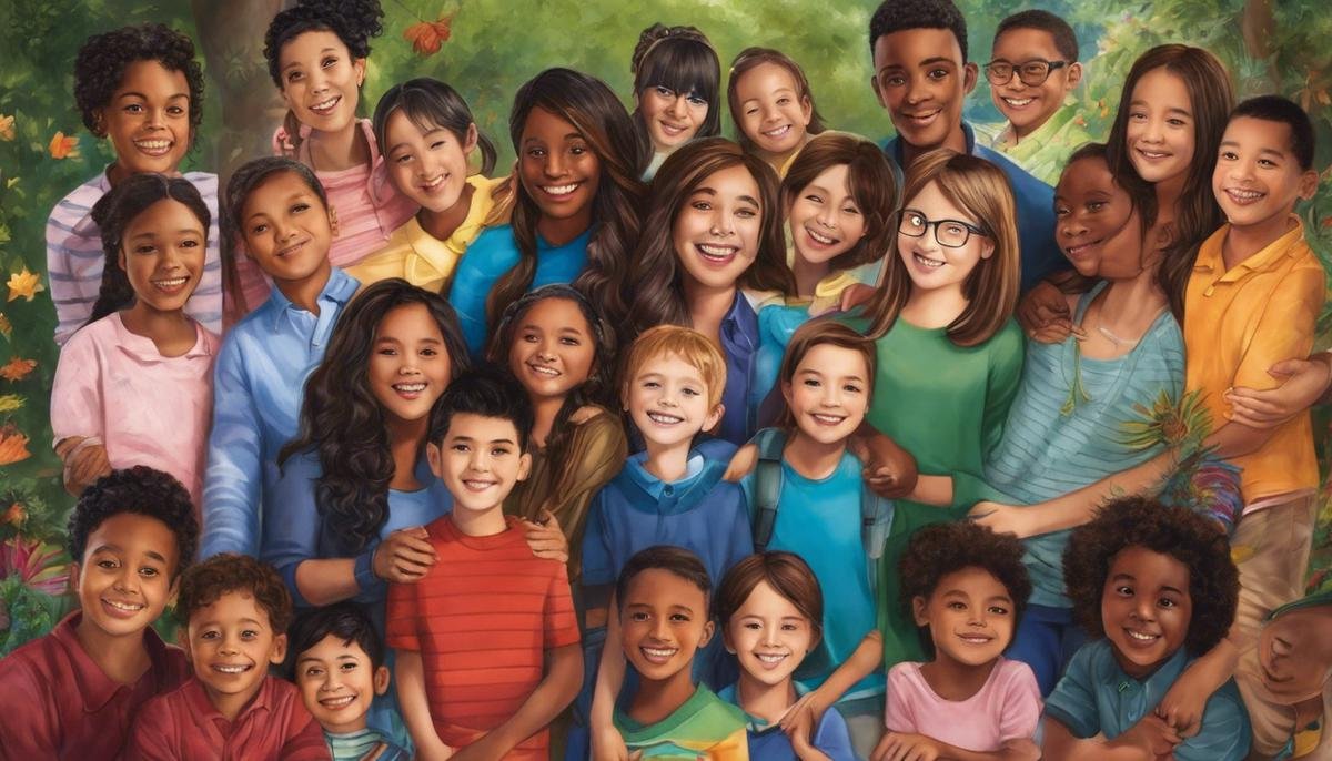 Image: A diverse group of children with different abilities and their families embracing each other, symbolizing love and acceptance for individuals with autism