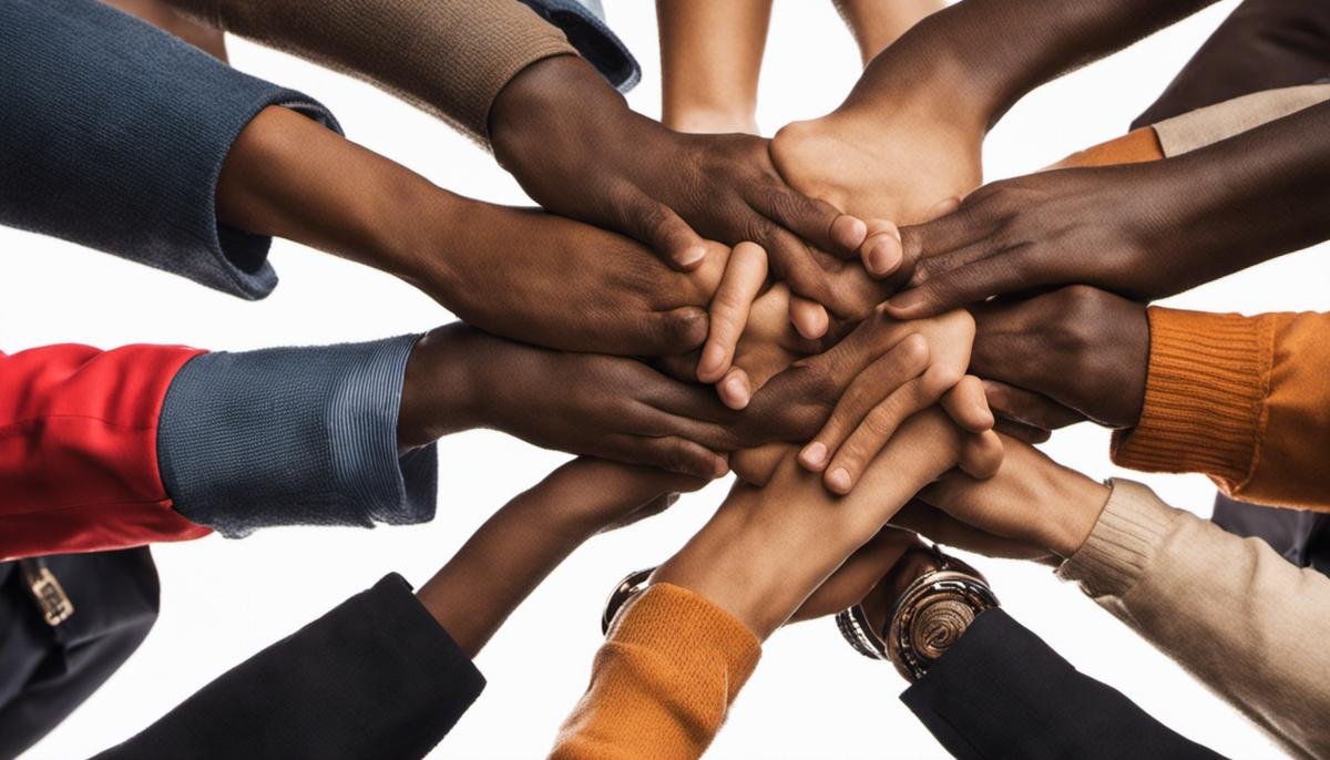 A diverse group of individuals holding hands and forming a circle, symbolizing inclusion and acceptance.