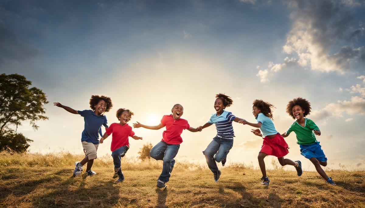 Image description: A group of diverse children playing and smiling together.