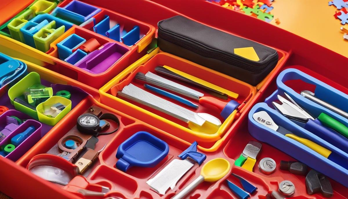 Image of a colorful autism safety toolkit with various tools and visual aids inside