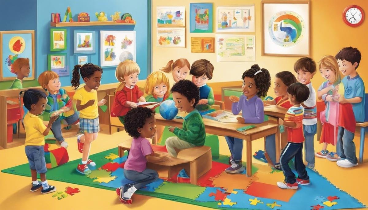 Image illustrating the concept of choosing the right autism school, depicting a diverse group of children engaged in learning and socializing.