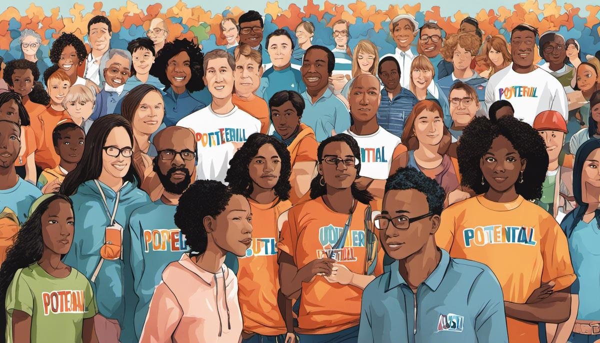 Illustration of a diverse group of people with the word 'potential' written across them, representing the unbridled potential within the autism spectrum.