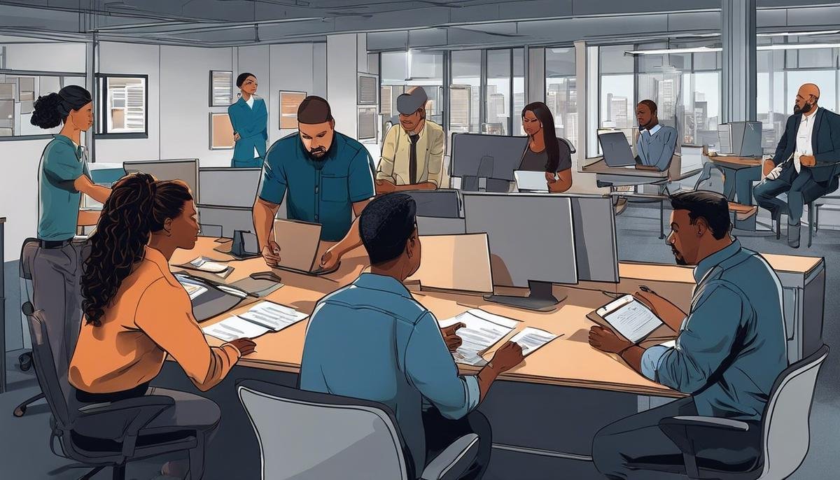 Illustration of diverse individuals working together in a supportive work environment