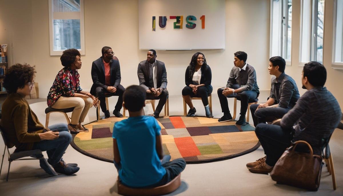 A diverse group of individuals sitting in a circle and engaging in a supportive discussion about autism.