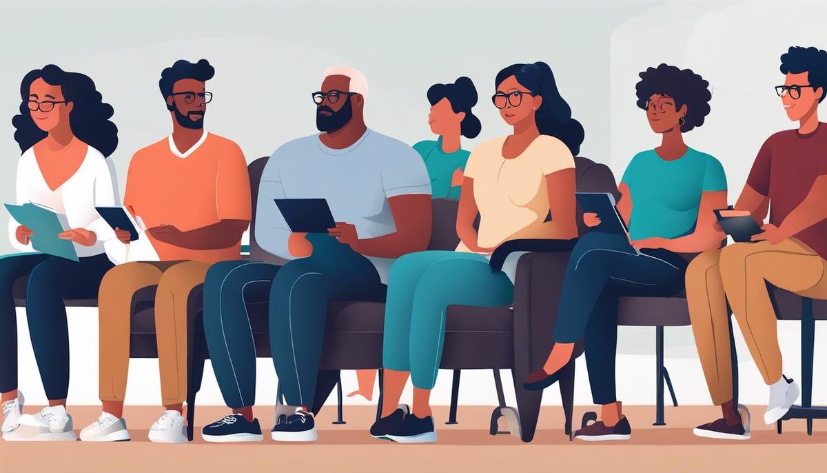 Image of a diverse group of people sitting together in a support group, sharing their experiences and providing emotional support.