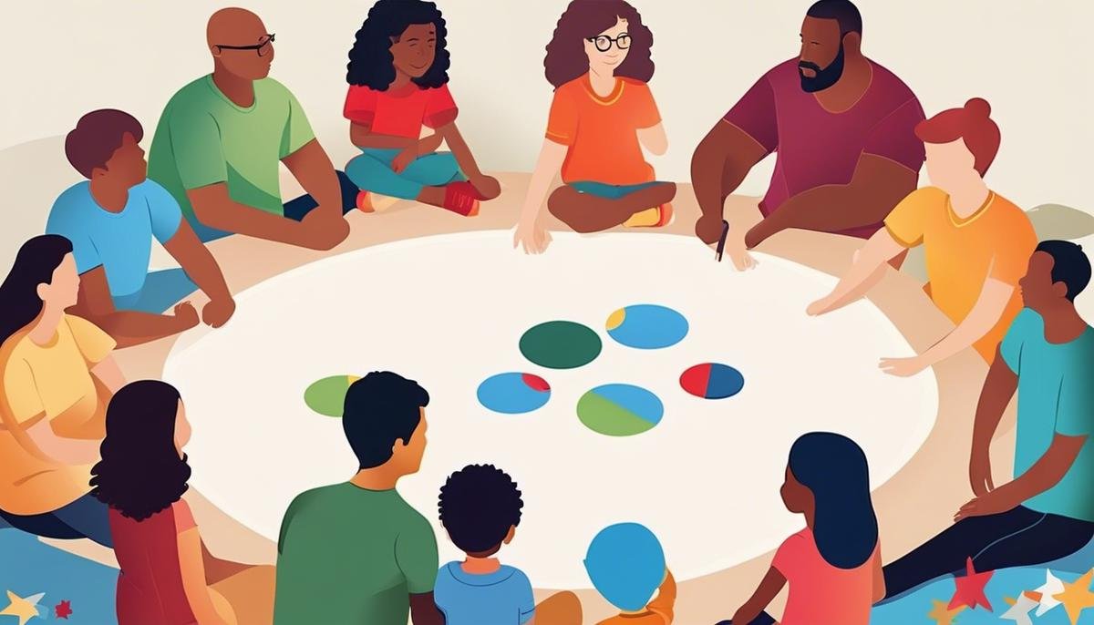 Image description: A diverse group of people, including children and adults, sitting in a circle and participating in an autism support group.