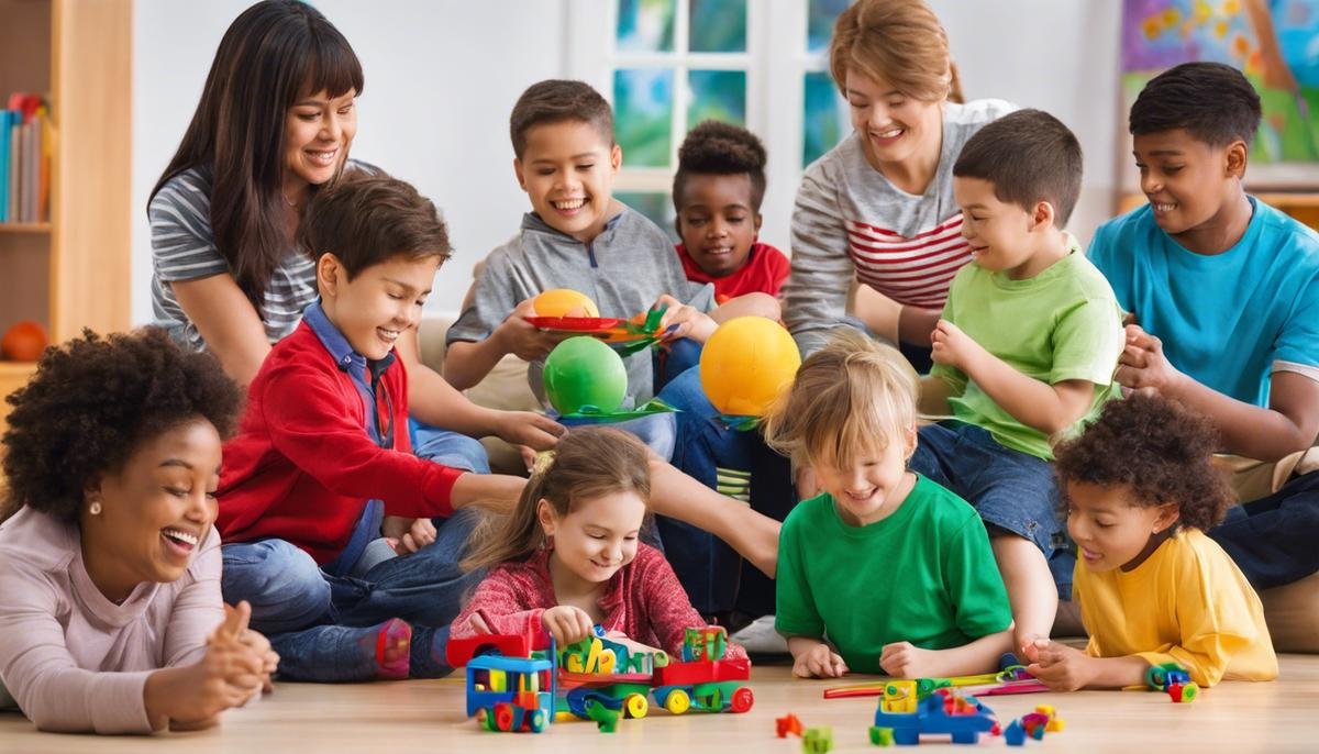 Image showing a diverse group of children with autism engaging in various activities with supportive adults by their side