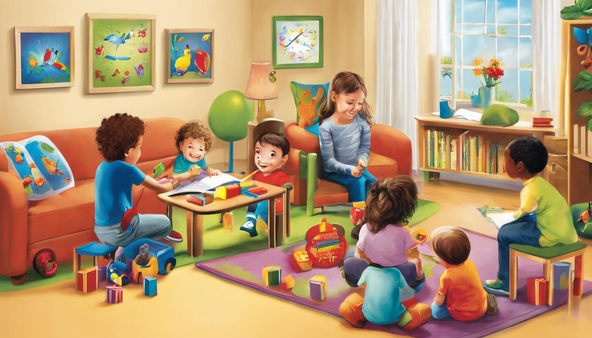 Image depicting various therapies for managing Autism Spectrum Disorder, such as Applied Behavior Analysis, Speech and Language Therapy, Occupational Therapy, Social Skills Groups, Cognitive Behavioral Therapy, Music Therapy, and Animal-Assisted Therapies. The image portrays children engaging in therapy sessions and shows symbols representing each type of therapy.