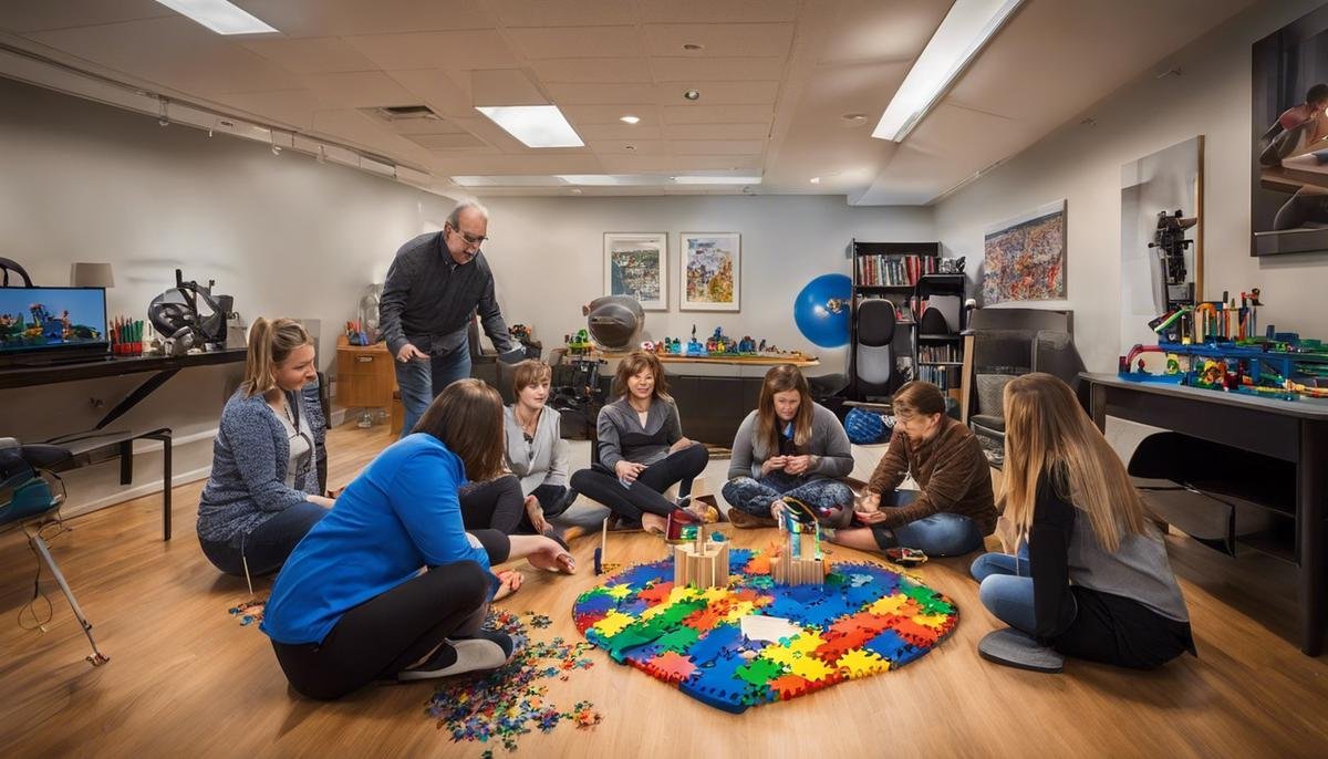 Image of a person engaging in a therapy session for Autism. They are surrounded by professionals and using various tools for therapy.
