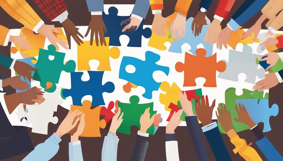 Illustration of a diverse group of individuals with puzzle pieces symbolizing autism, surrounded by supportive hands.