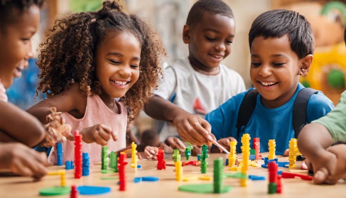 Image of a diverse group of children with autism happily engaging in activities.