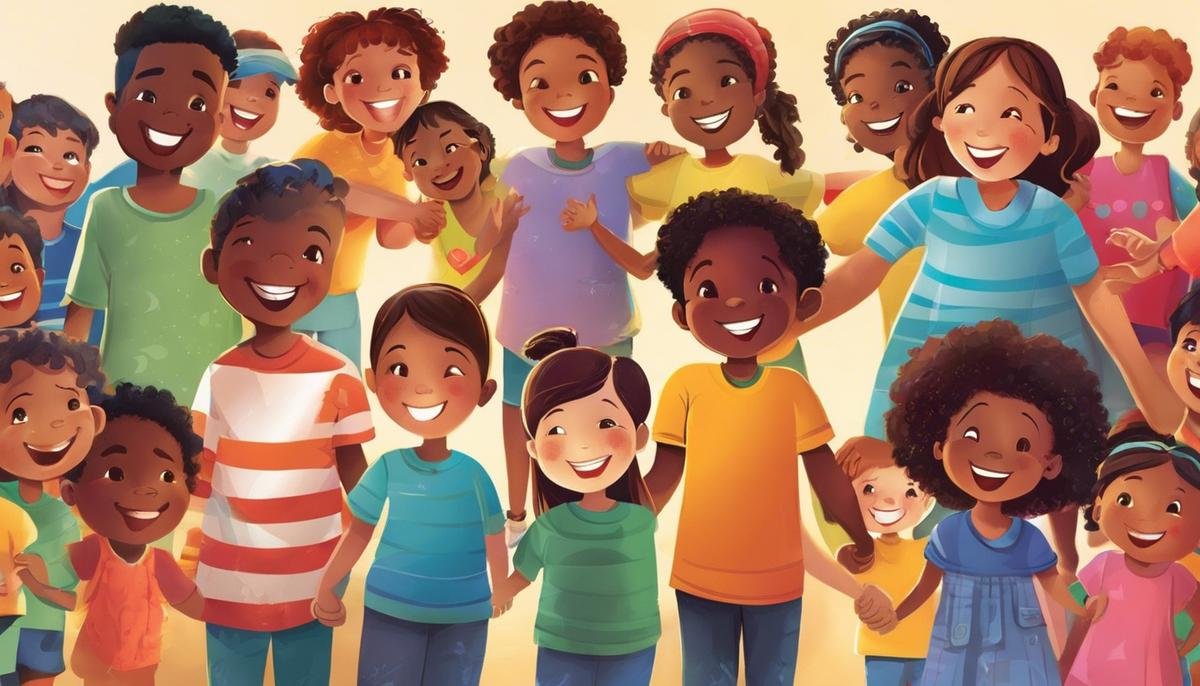 Illustration of a diverse group of children holding hands and smiling, symbolizing support and understanding for children with autism.