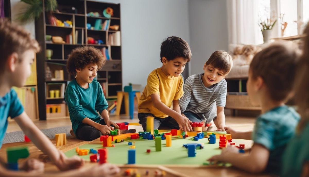 A group of autistic children playing together at a therapy center
