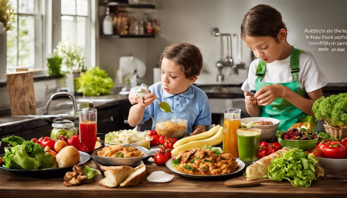 Image describing the food-related issues autistic children often face, highlighting their sensitivity to tastes, colors, and textures of food, as well as their difficulty in adapting to new meal routines. Additionally, it mentions GI-related problems and disorders in nutrient absorption.