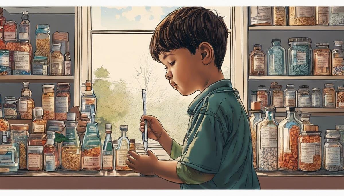 Image illustrating an autistic child refusing to take medication, with dashes instead of spaces