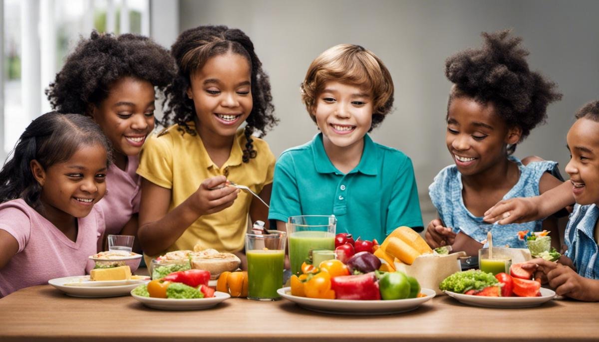 A diverse group of autistic children sitting around a table, trying different foods and smiling.