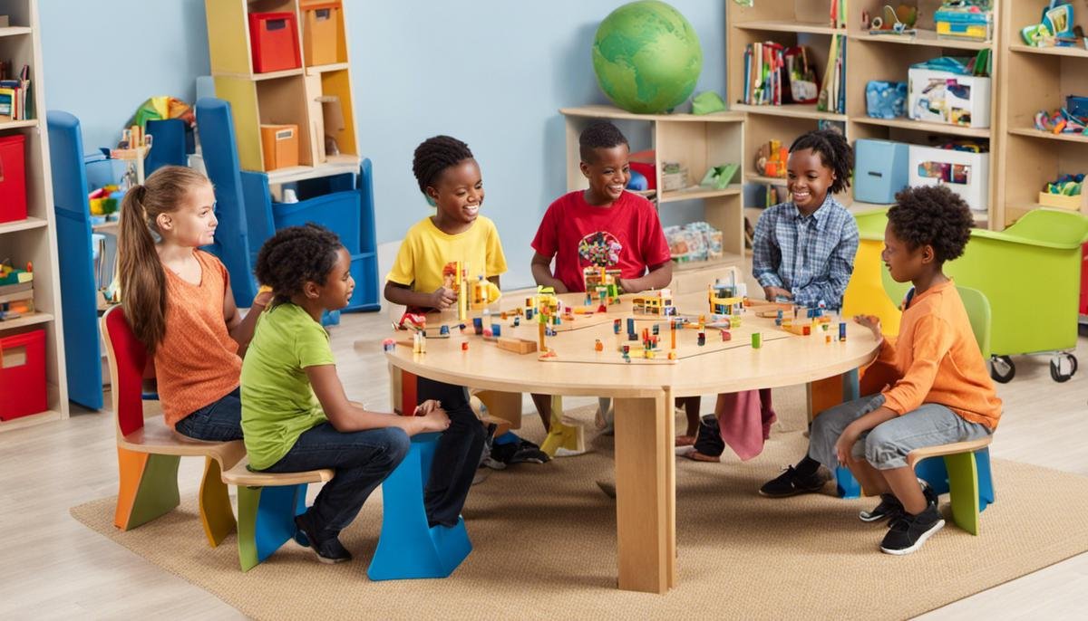 A diverse group of children with autism engage in a therapy session, playing and learning together.