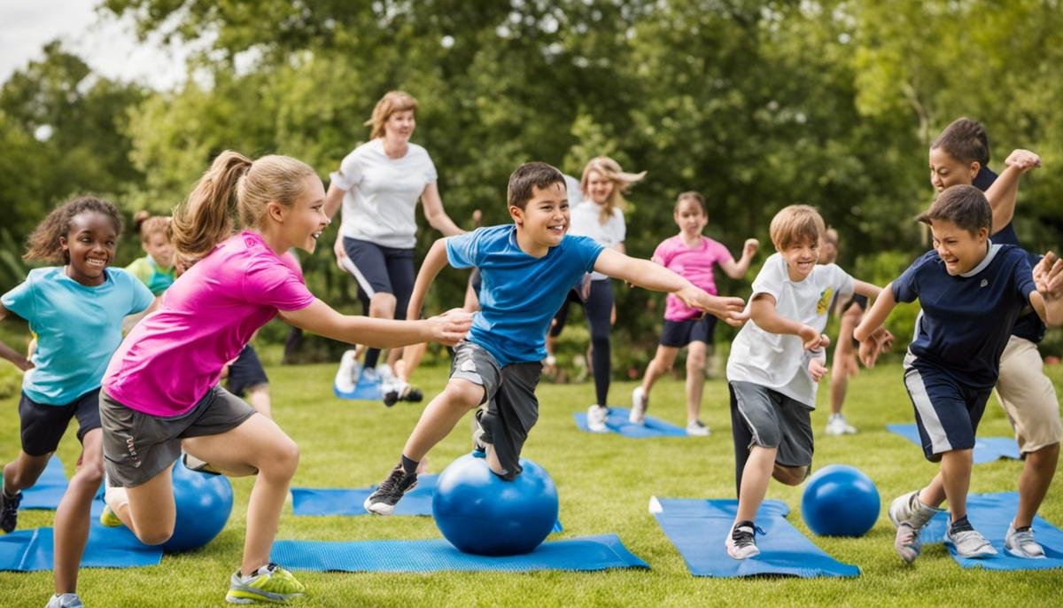 A group of children with autism participating in physical activities, engaging in various movement exercises.