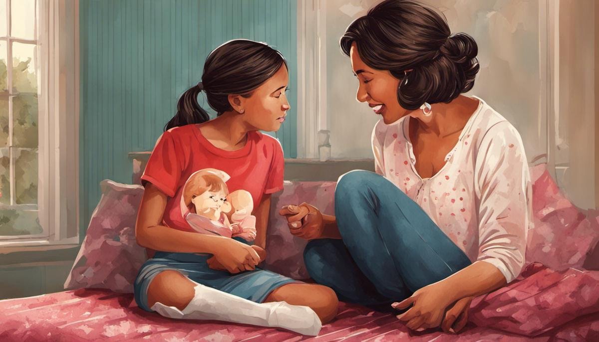 Illustration of a mother and daughter having a conversation about menstruation.