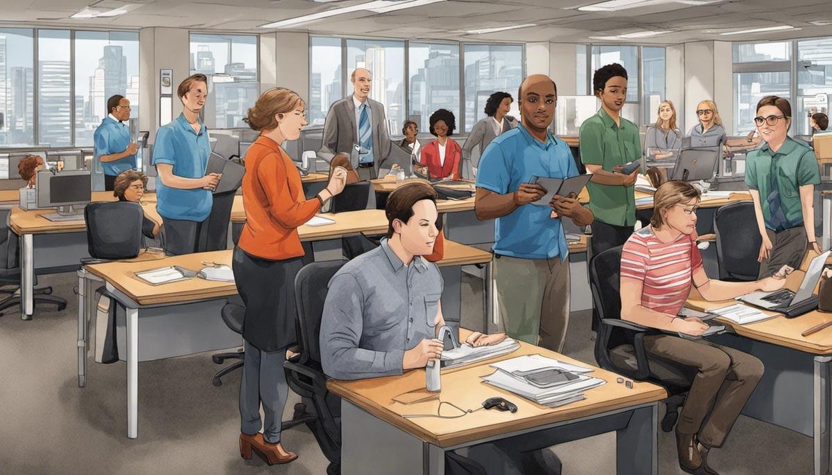 Illustration depicting a diverse group of individuals with autism in a workplace setting