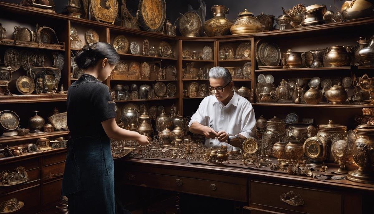 Image description: A person organizing a collection of objects with focus and precision.