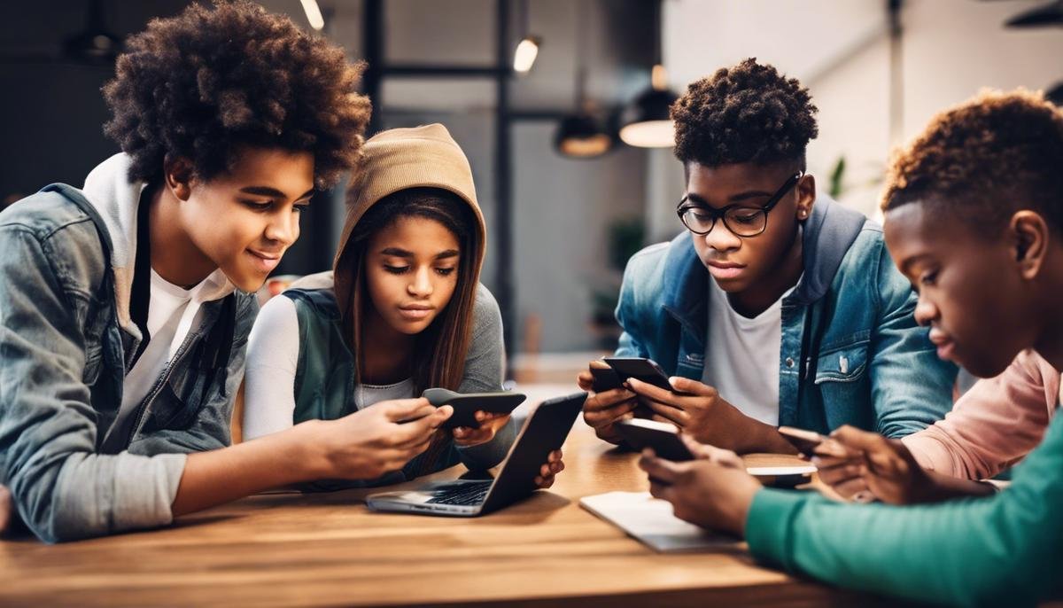 Image description: A group of diverse teenagers interacting with smartphones and laptops, symbolizing the topic of autistic teens navigating the digital era.