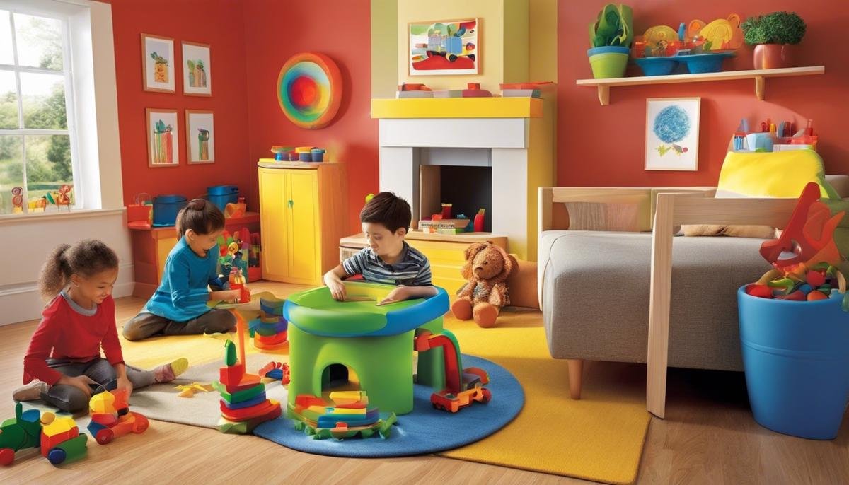 A picture depicting an inviting and vibrant home environment with various sensory objects and activities for autistic children