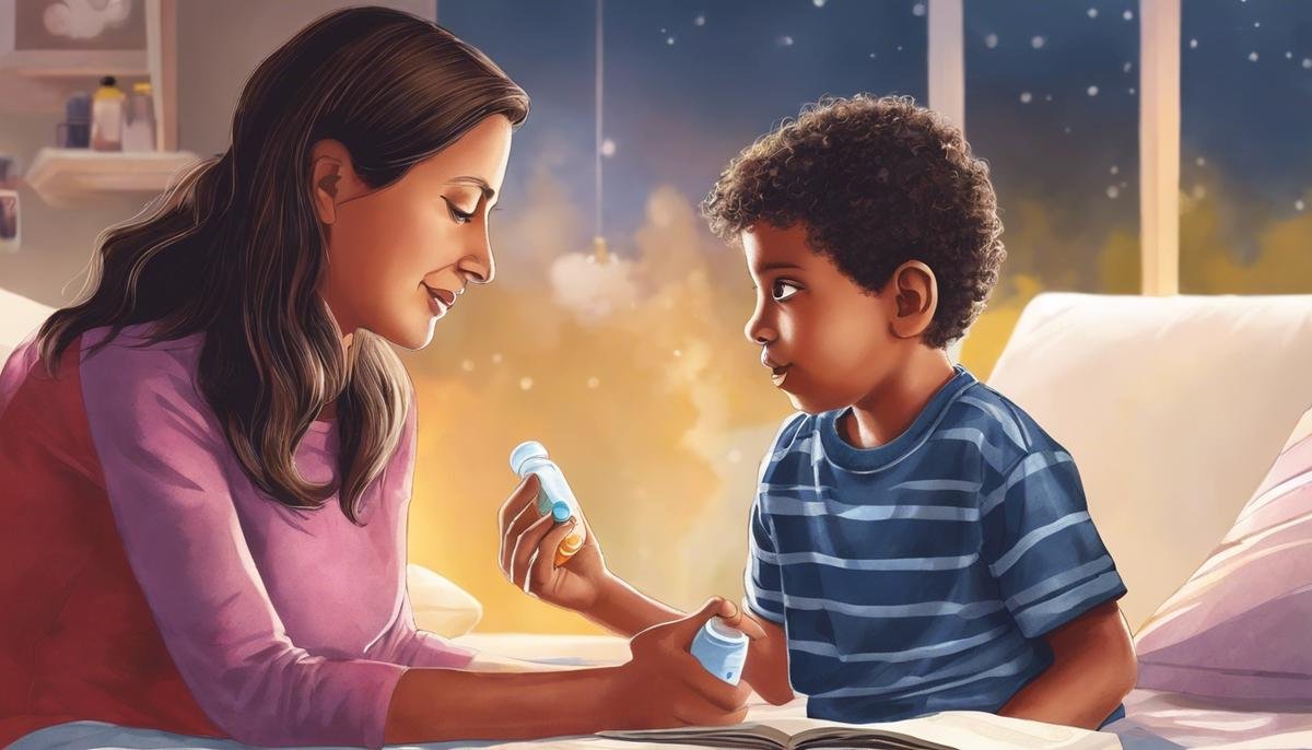 Illustration of a parent and an autistic child talking about medication