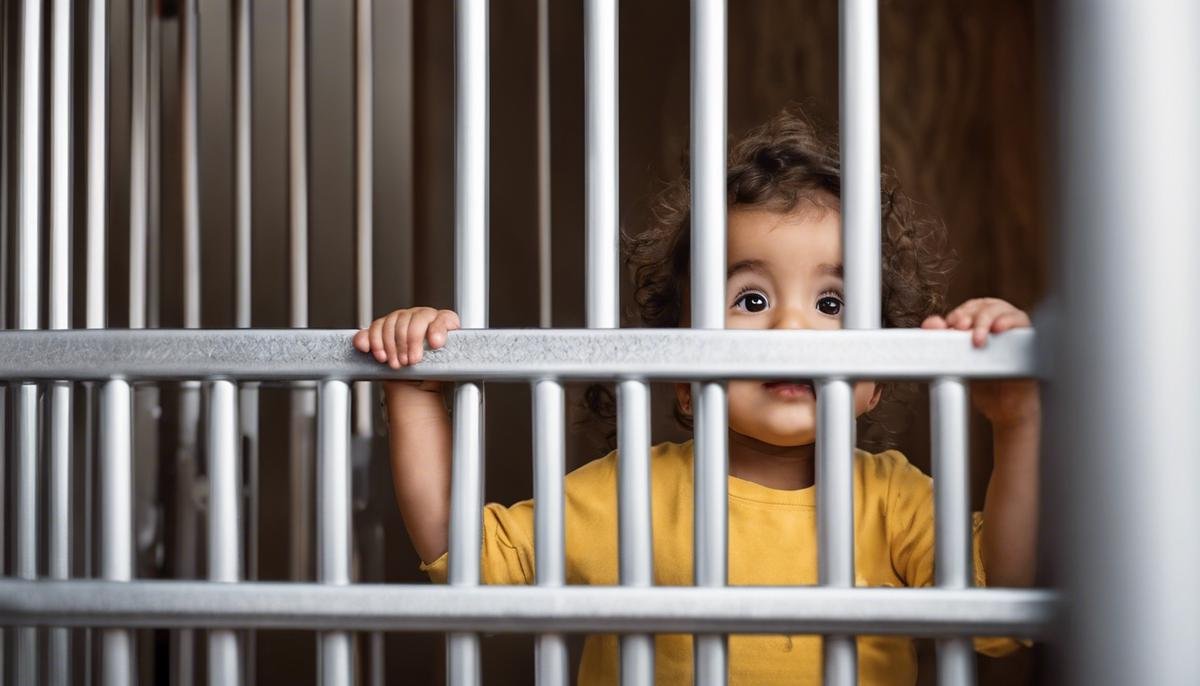 Image of a toddler behind a safety gate, symbolizing babyproofing the environment.