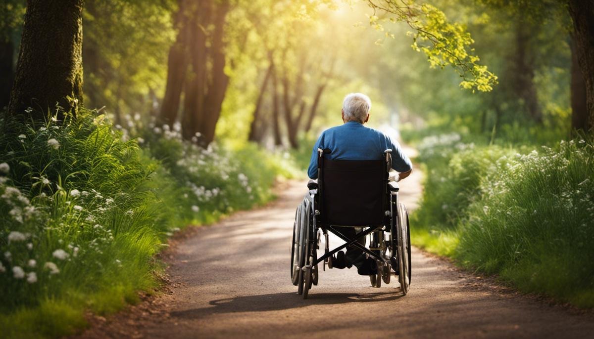Image depicting a balance between self-care and caregiving, showing a person holding hands with another person who is in a wheelchair.