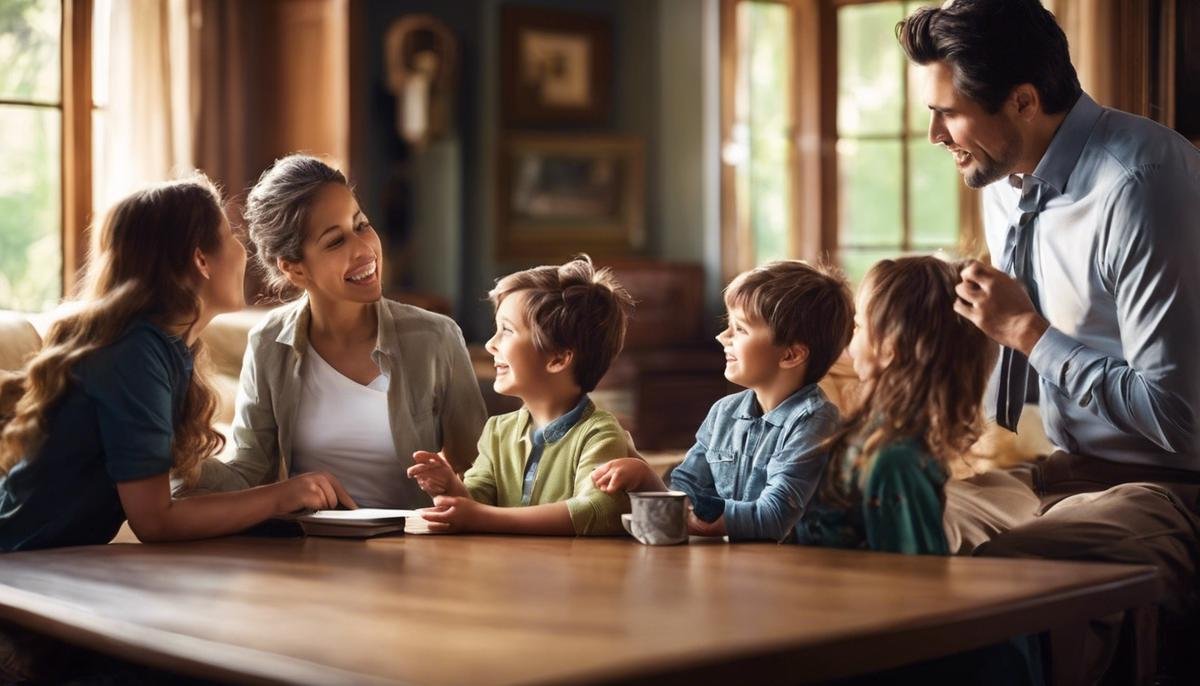 Image of a family having a conversation, showing different body language cues.