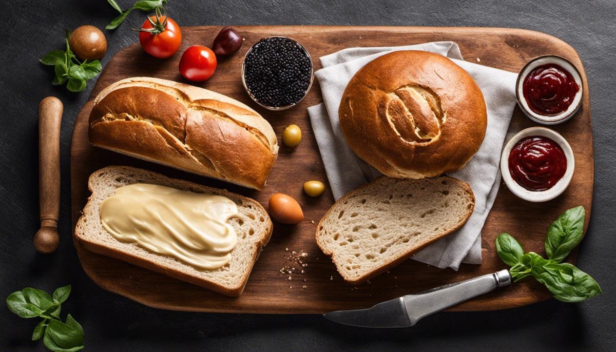 Image depicting a loaf of bread with the ability to customize it with different spreads and ingredients.