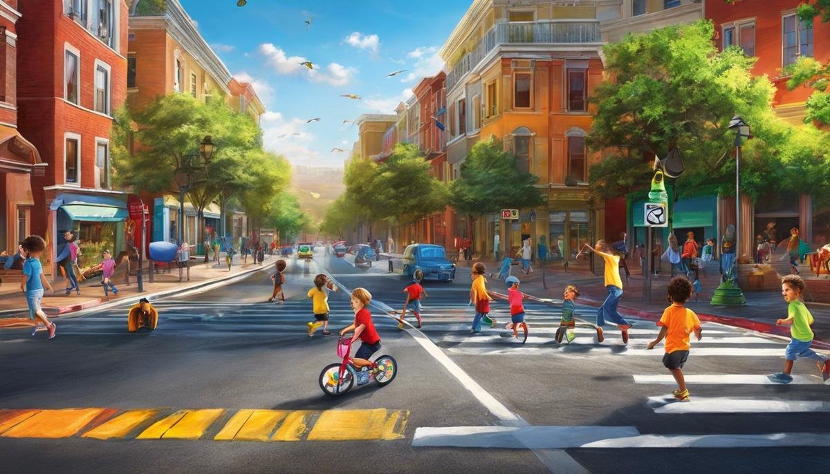 A colorful image showing children playing safely on a street with traffic calming measures in place.