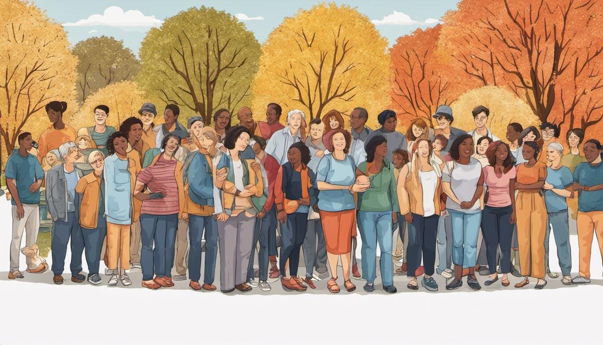 Illustration depicting diverse group of people supporting a person with autism