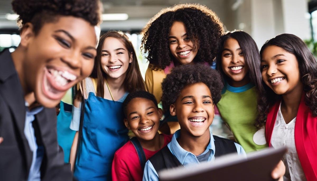 Image featuring a group of diverse autistic adolescents engaging in career and life skills programs, with smiles on their faces, symbolizing empowerment and success.