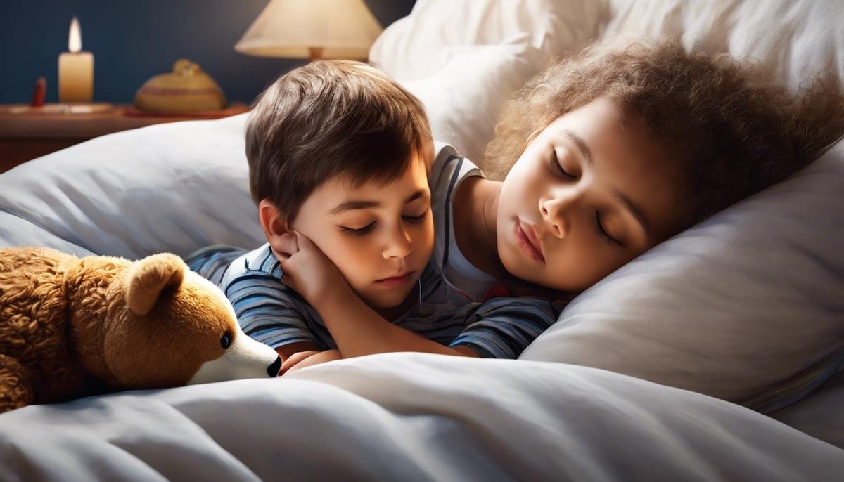 Illustration of children sleeping peacefully in bed with a teddy bear for someone that is visually impaired