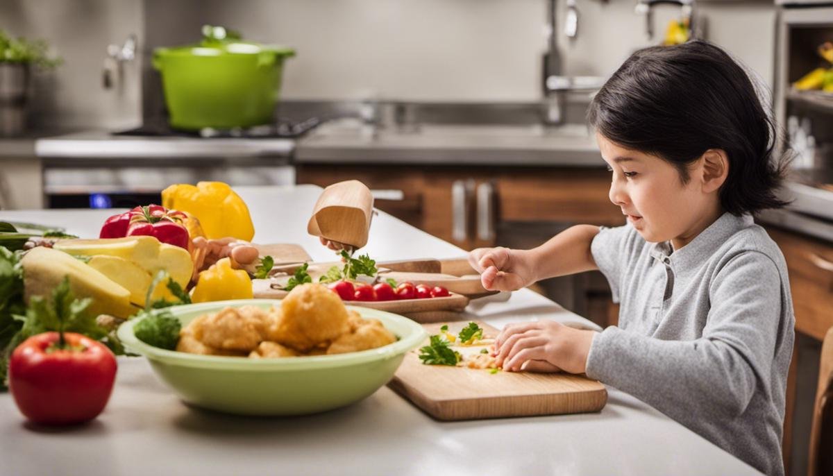 Children with Autism Spectrum Disorder (ASD) 
in a kitchen engaging in meal preparation, exploring the tactile 
and sensory aspects of food.