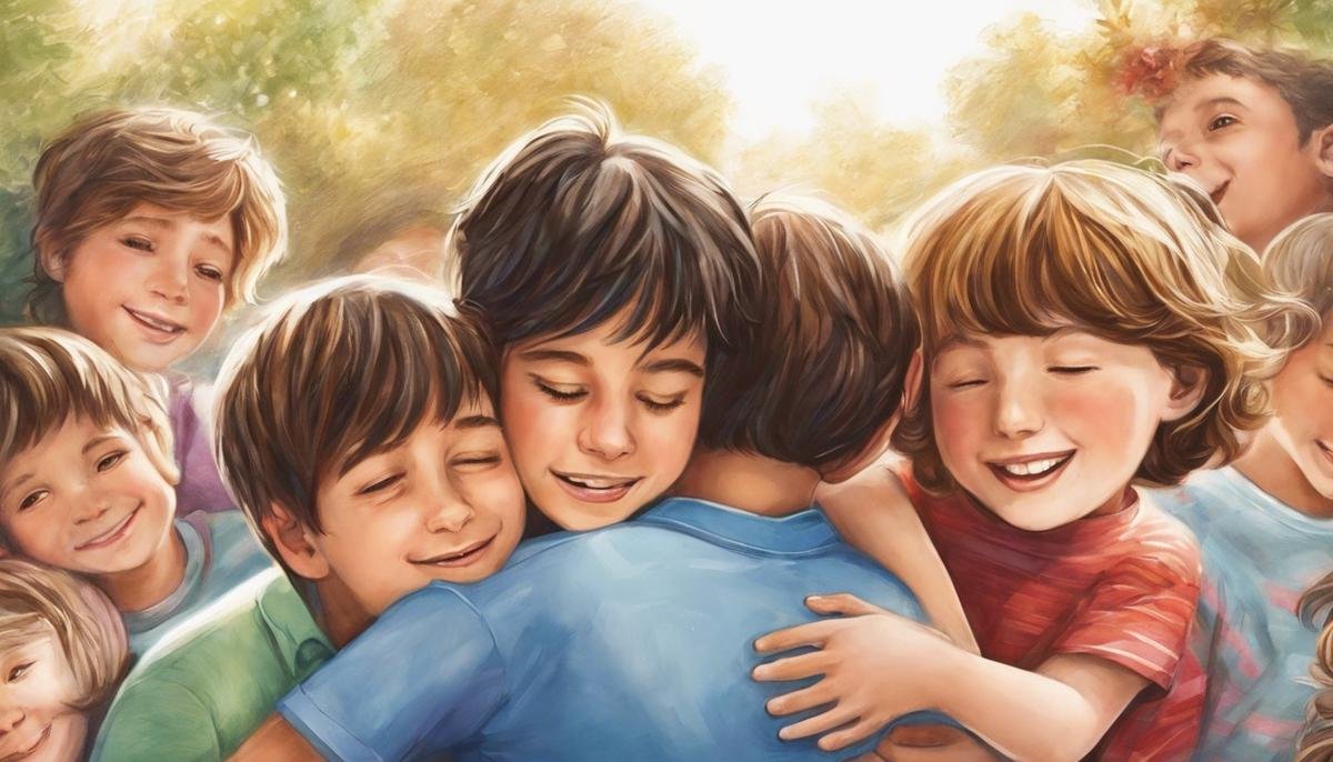 A group of children with autism and OCD embracing each other in a tight hug, symbolizing love and support in a nurturing home environment