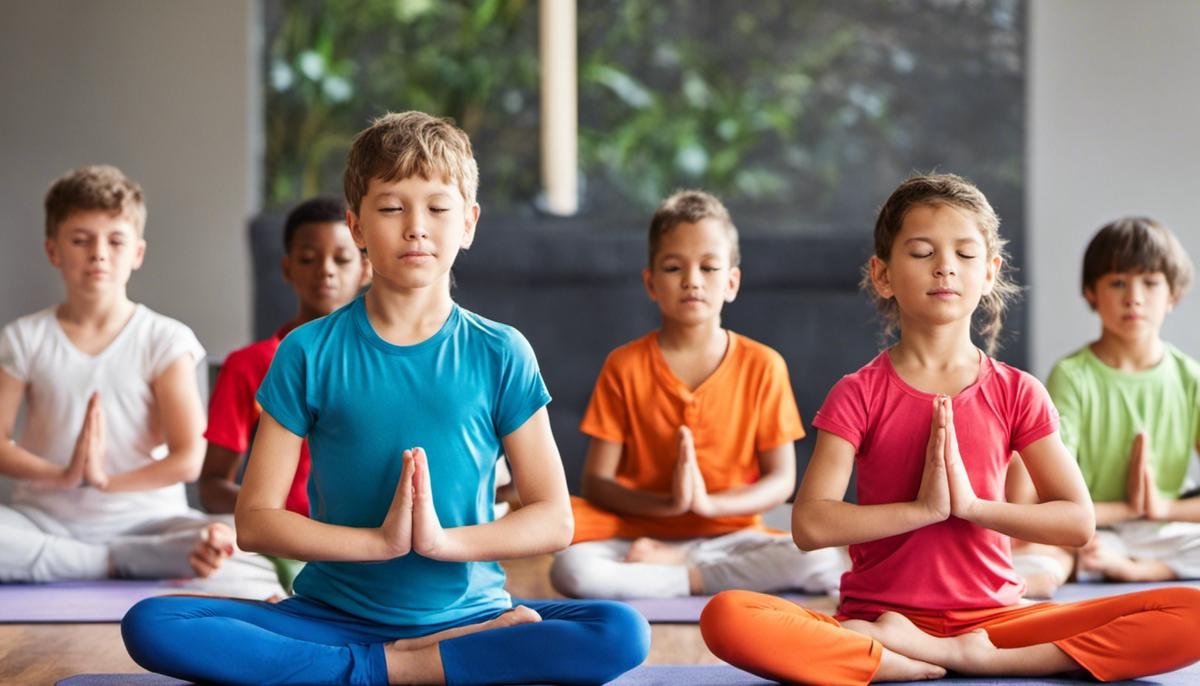 Image of children with autism practicing yoga, promoting self-awareness, calmness, and overall wellbeing for visually impaired individuals.